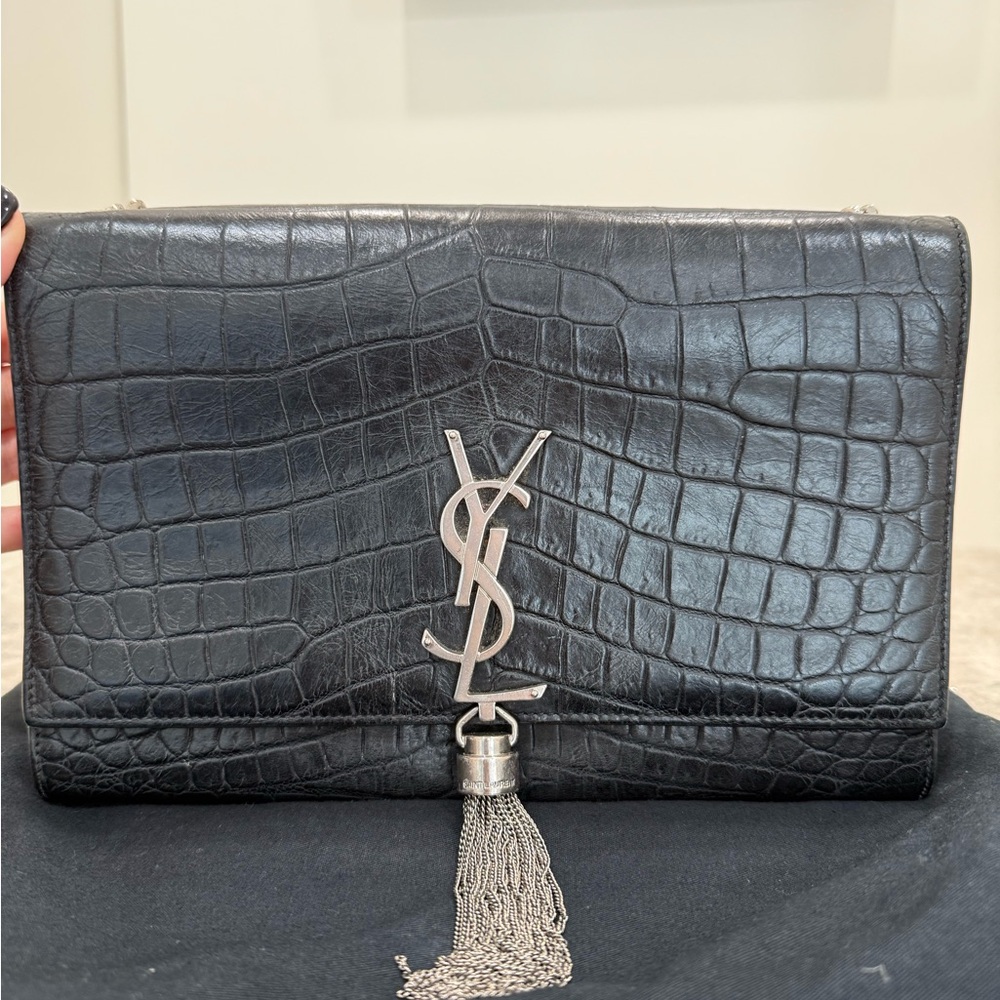 Yves Saint Laurent Black Croc-Embossed Crossbody Bag